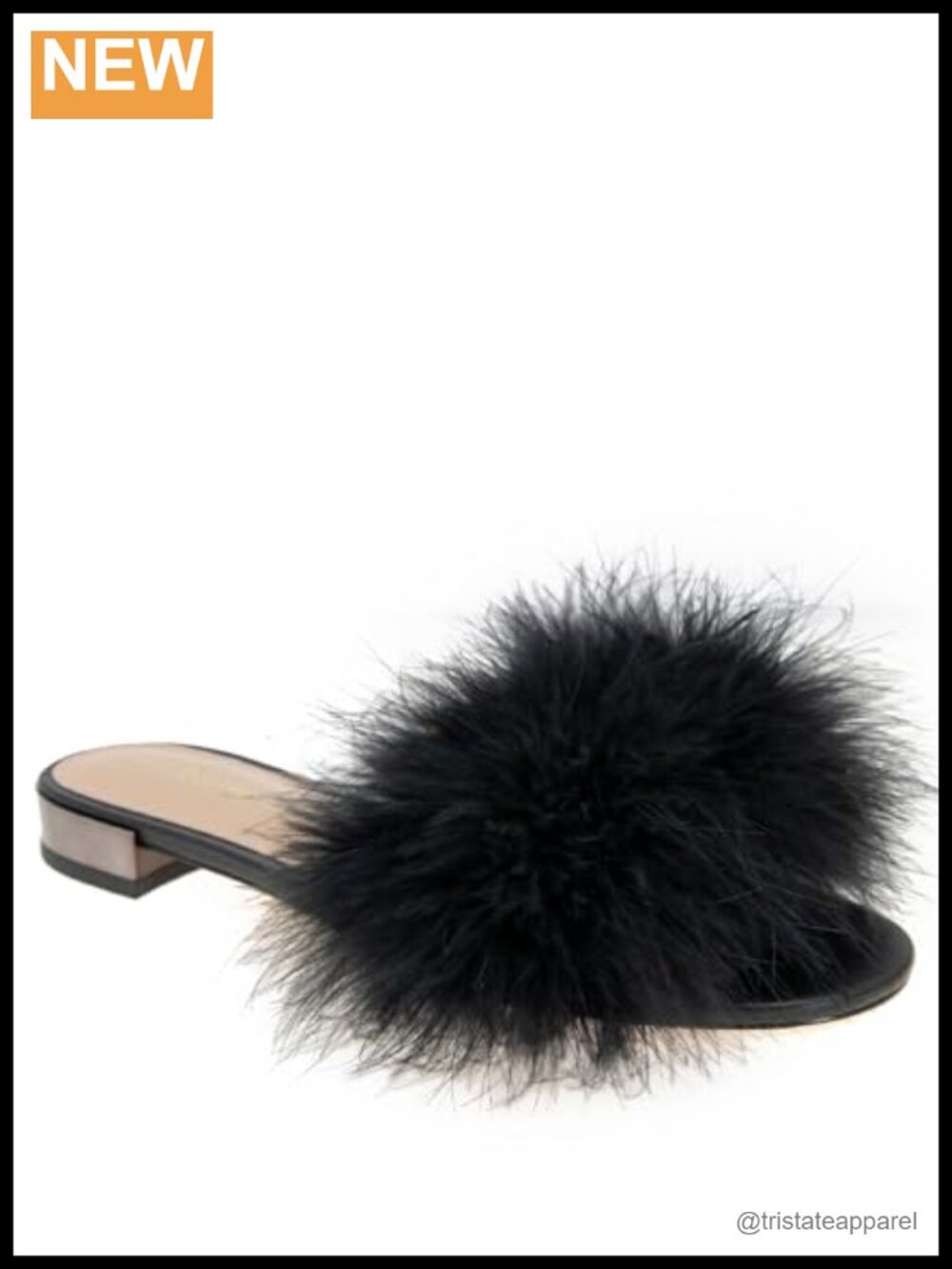 BCBGeneration Slide Sandal with Feather Upper and Metallic Heel